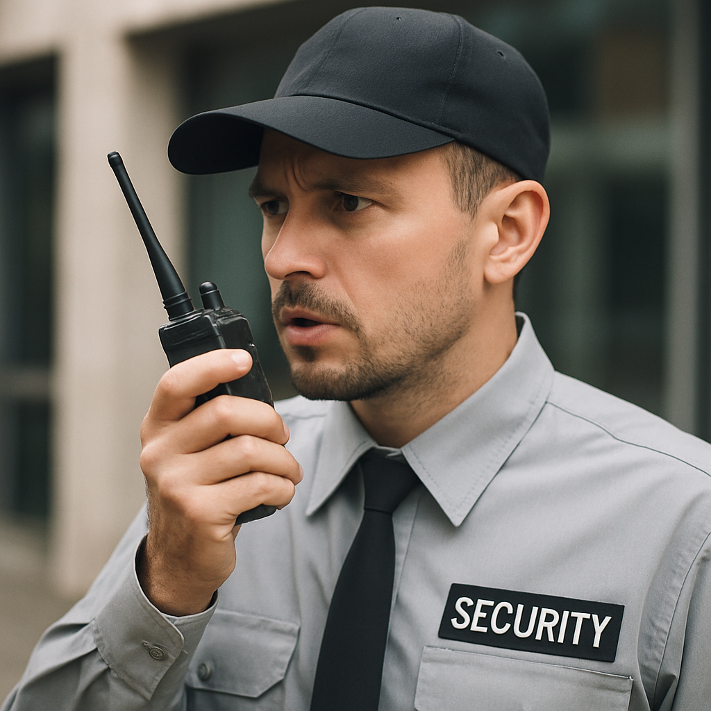 security guard using walkie talkie