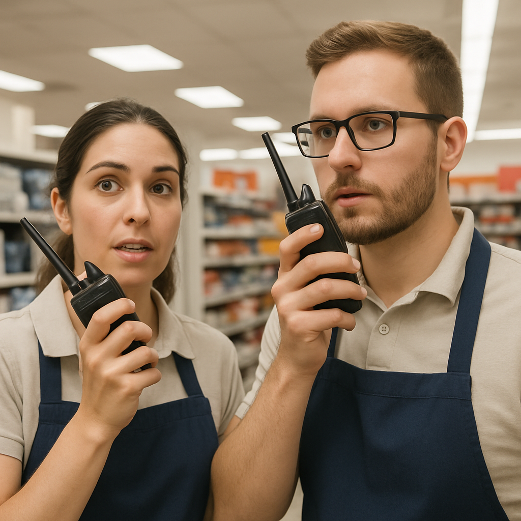 retail staff using walkie talkie
